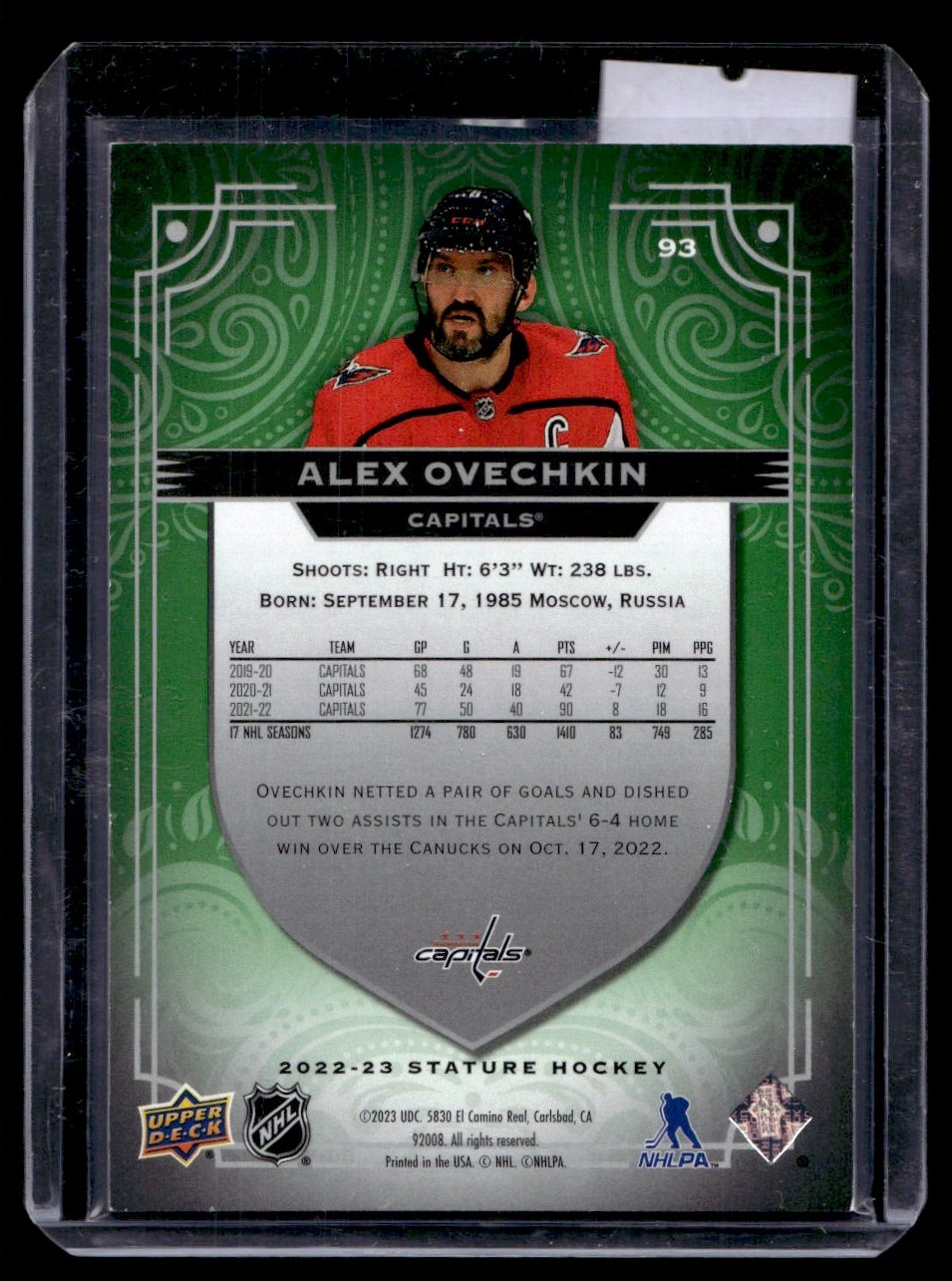 2022-23 Upper Deck Stature Green Alex Ovechkin /99 Washington