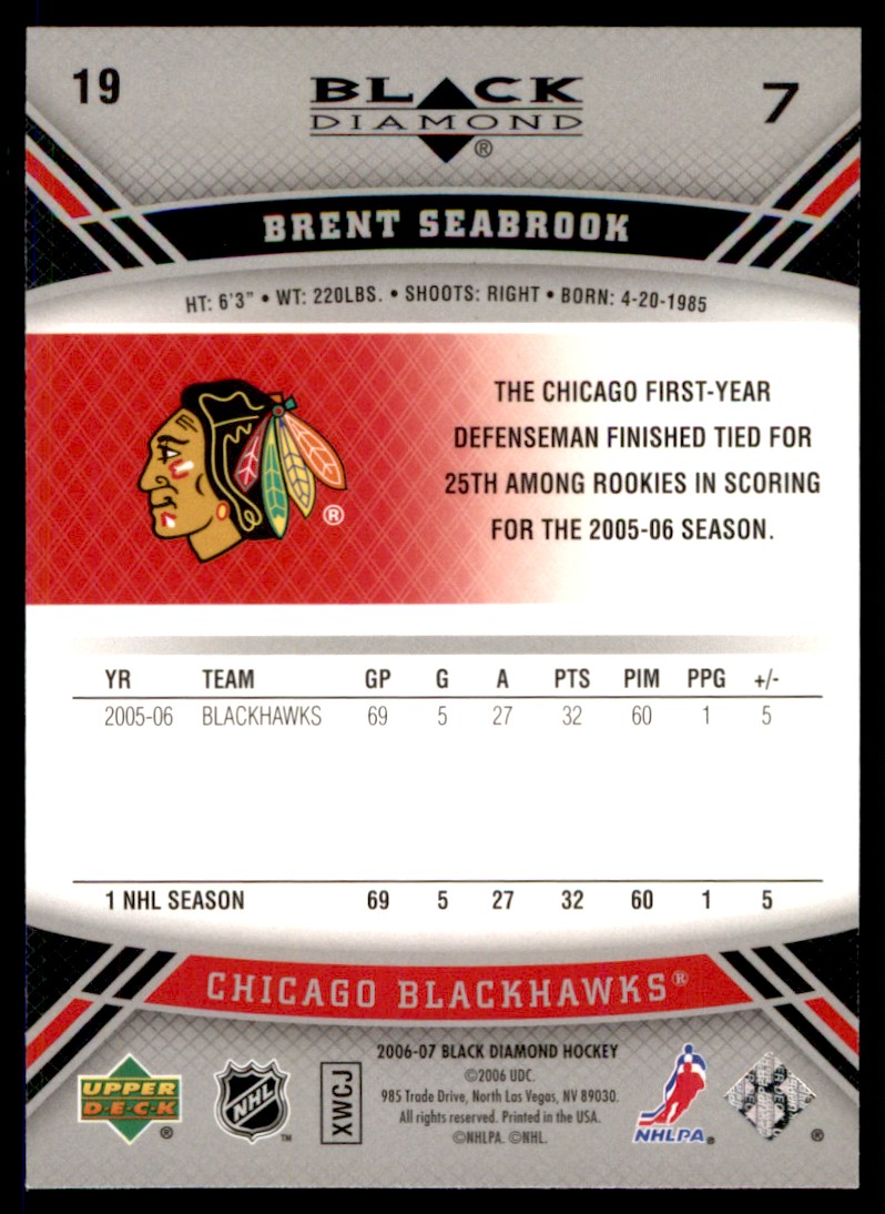 2006-07 Upper Deck Black Diamond Brent Seabrook Chicago Blackhawks