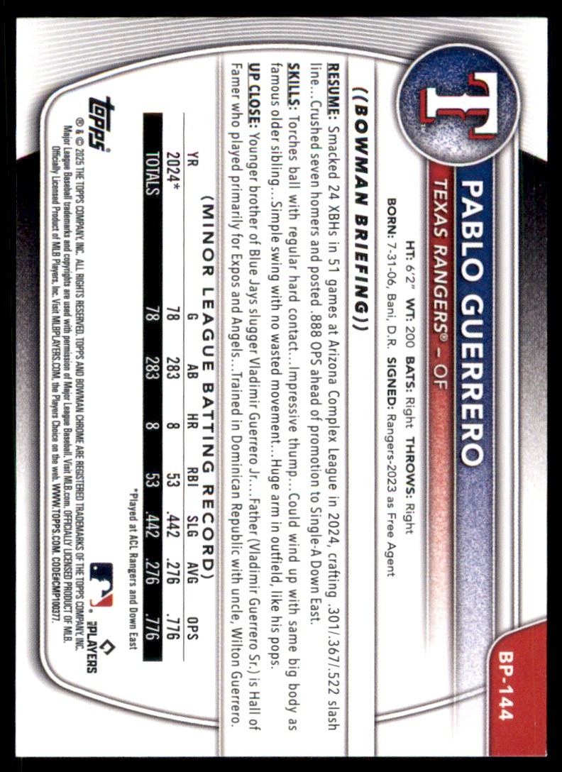 2025 Bowman Prospects Pablo Guerrero #BP-144 card back image