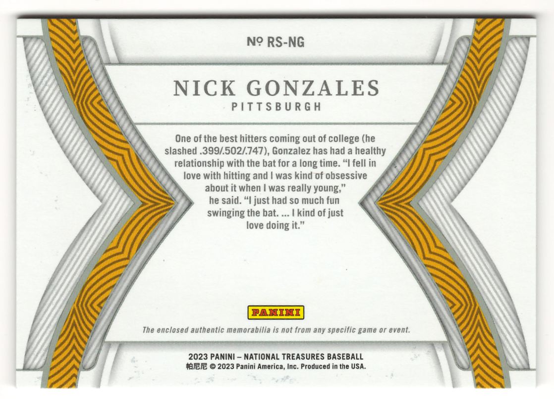 2023 Panini National Treasures Rookie Swatches Nick Gonzales card back image
