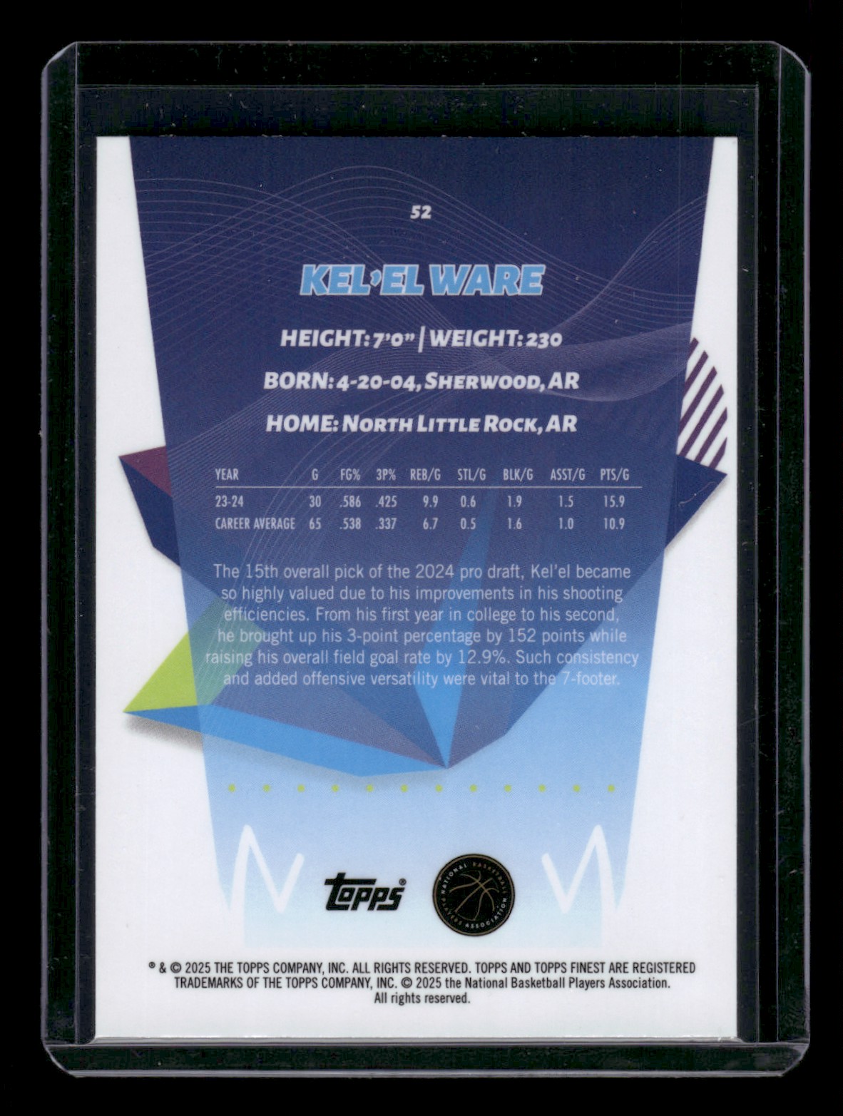 2024-25 Topps Finest KEL'EL WARE #52 card back image
