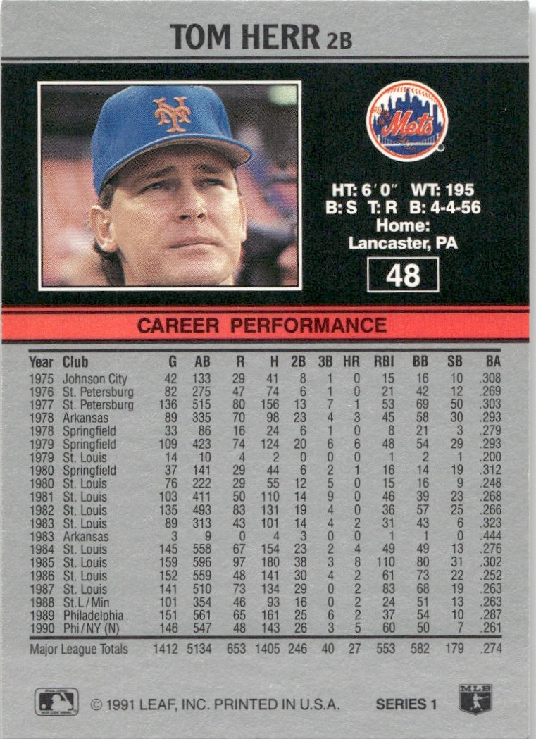 1991 Leaf Major League MLB Baseball Tom Herr #48 card back image