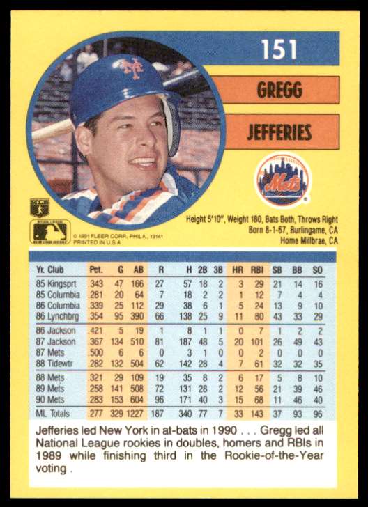 1991 Fleer Gregg Jefferies #151 card back image
