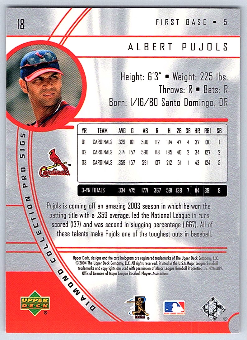 2004 Upper Deck Diamond Collection Pro Sigs Albert Pujols #18 card back image