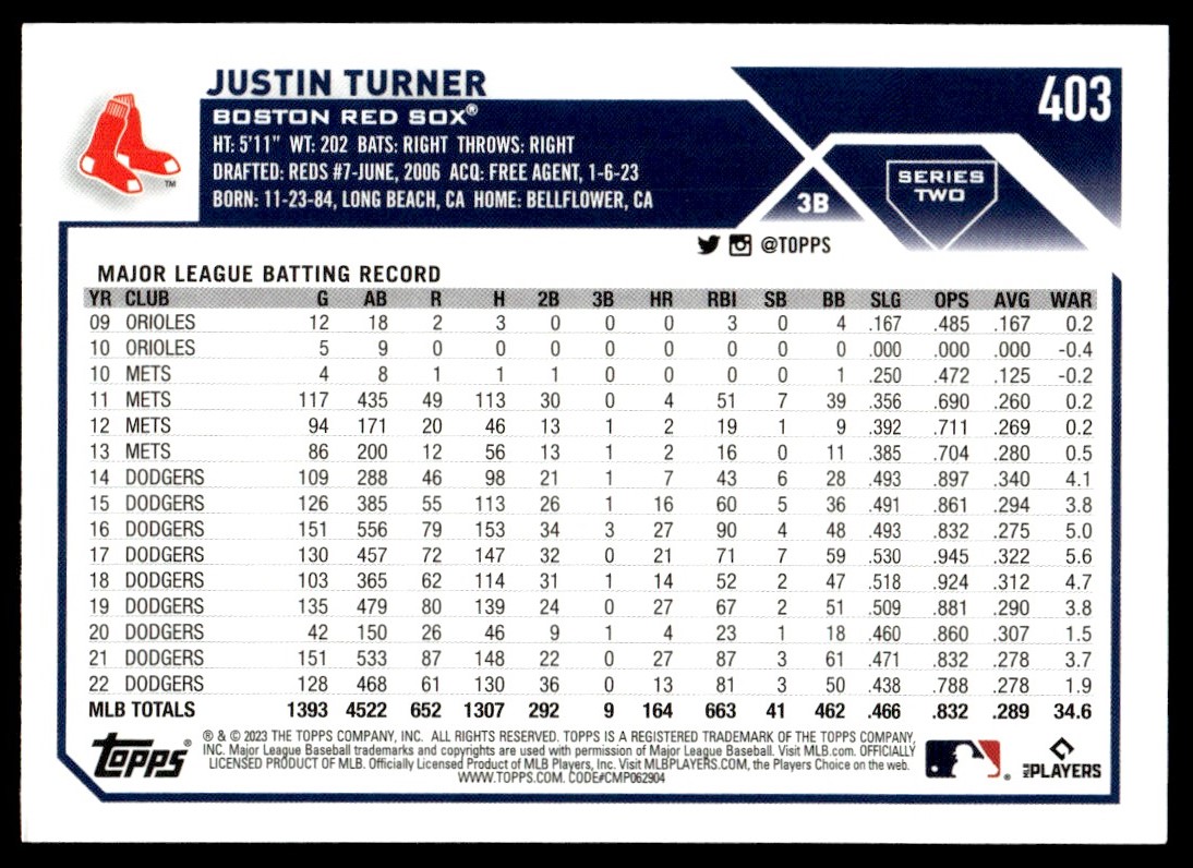 2023 Topps Series 2 Justin Turner #403 card back image