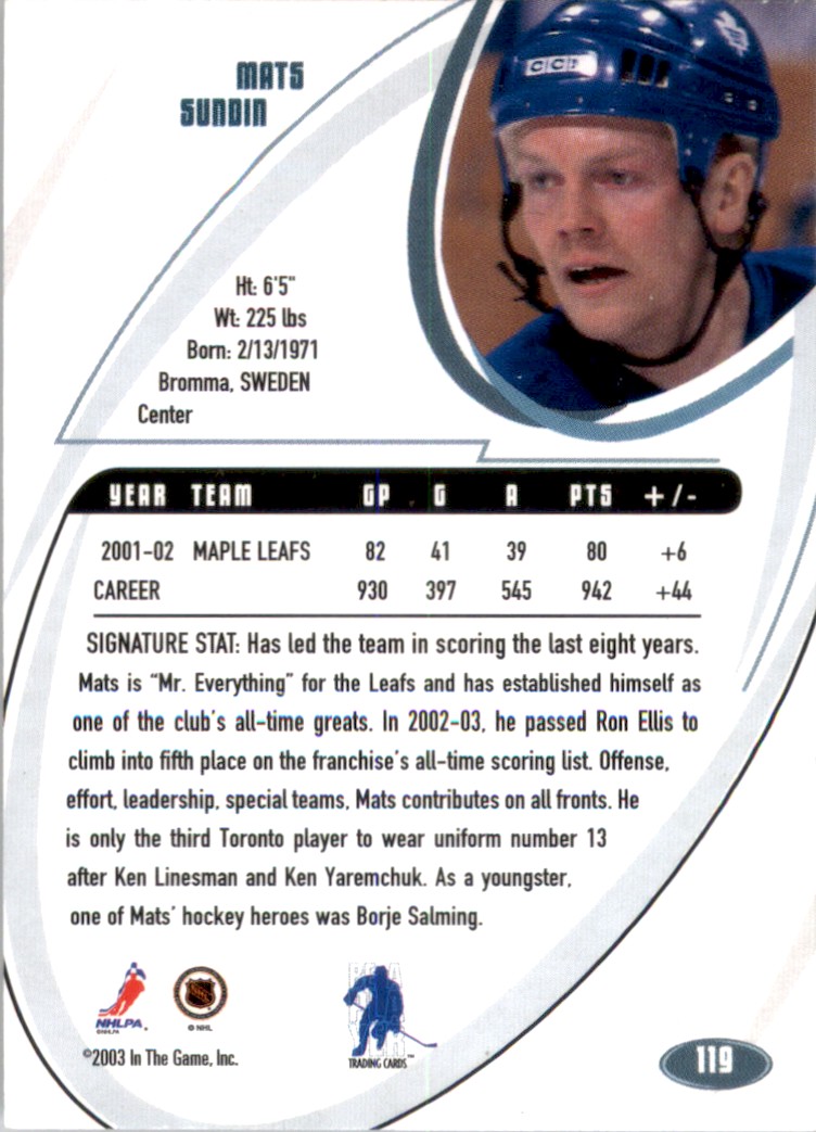 2002-03 BAP Signature Series Mats Sundin #119 on Kronozio