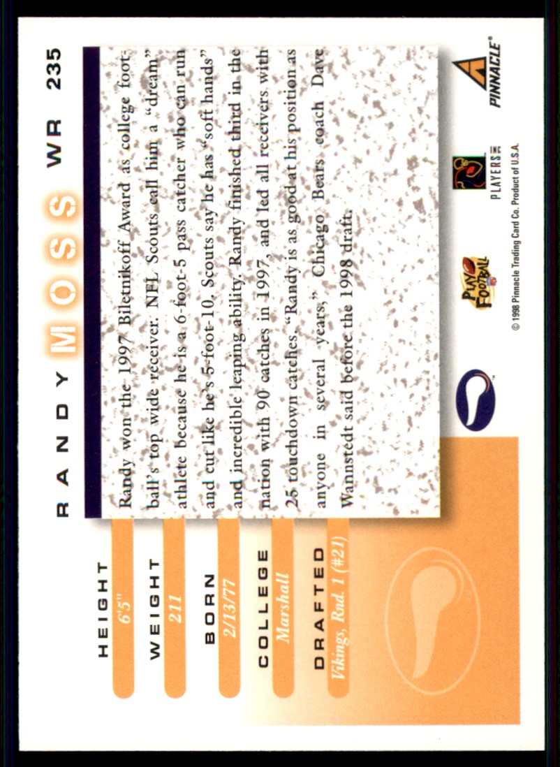 1998 Score Randy Moss #235 card back image