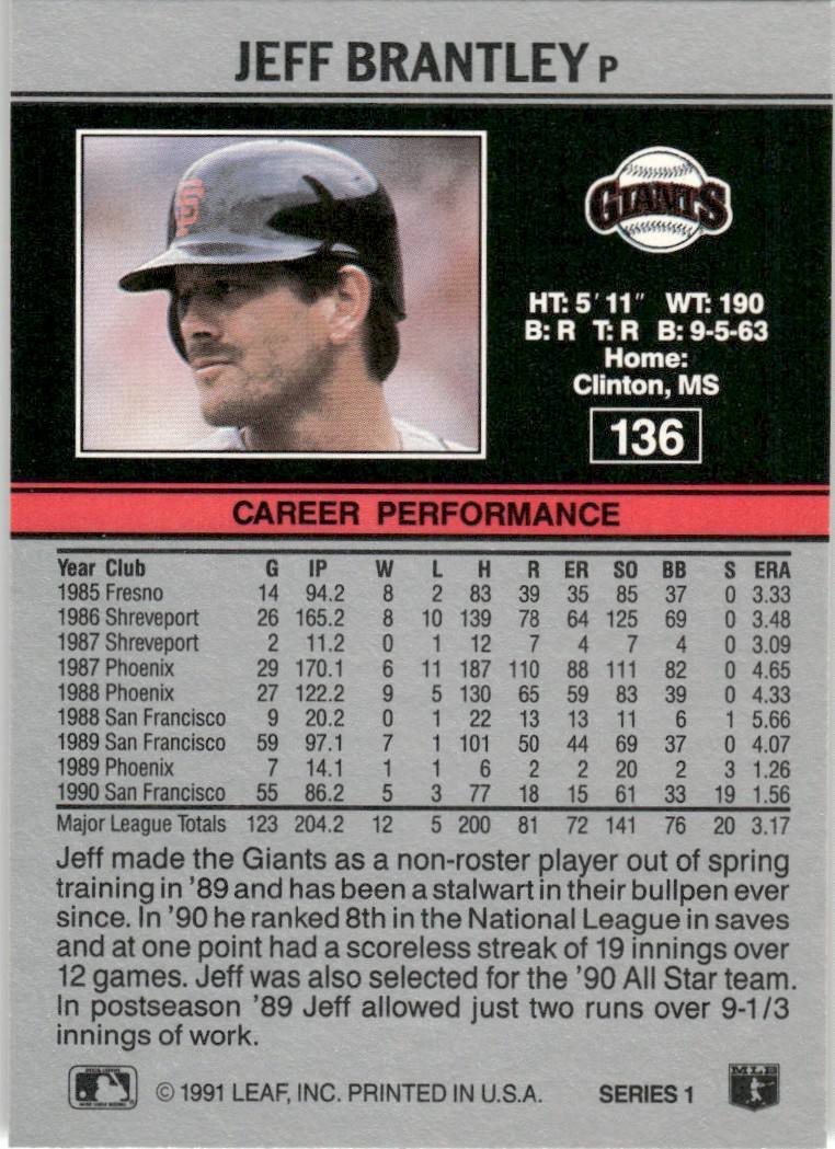 1991 Leaf Major League MLB Baseball Jeff Brantley #136 card back image