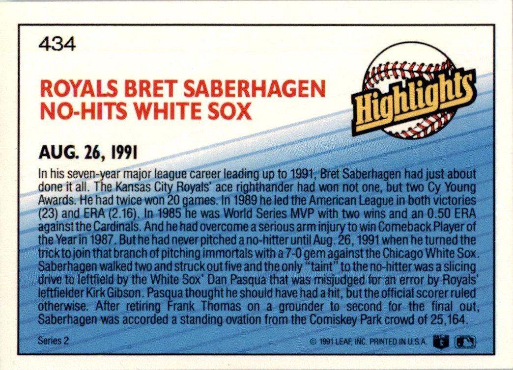 1992 Donruss Bret Saberhagen #434 card back image