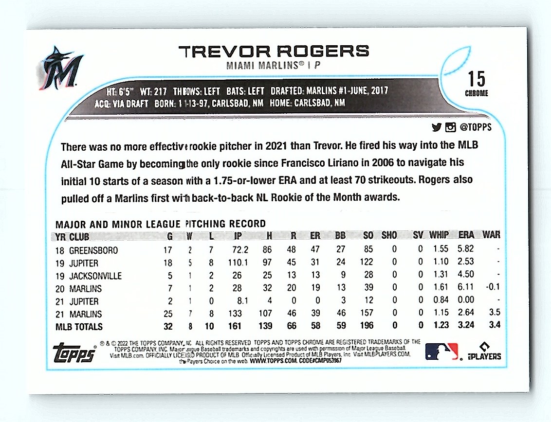 2022 Topps Chrome Trevor Rogers #15 card back image