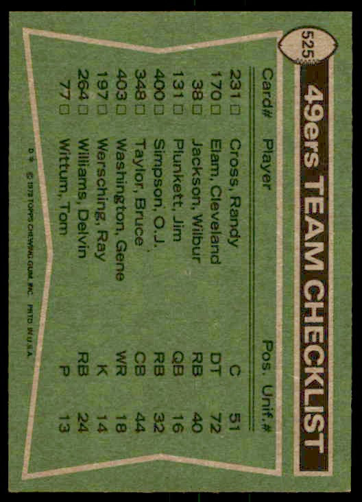 1978 Topps Delvin Williams/Gene Washington/Mel Phillips/Dave Washington/Cleveland Elam #525 card back image