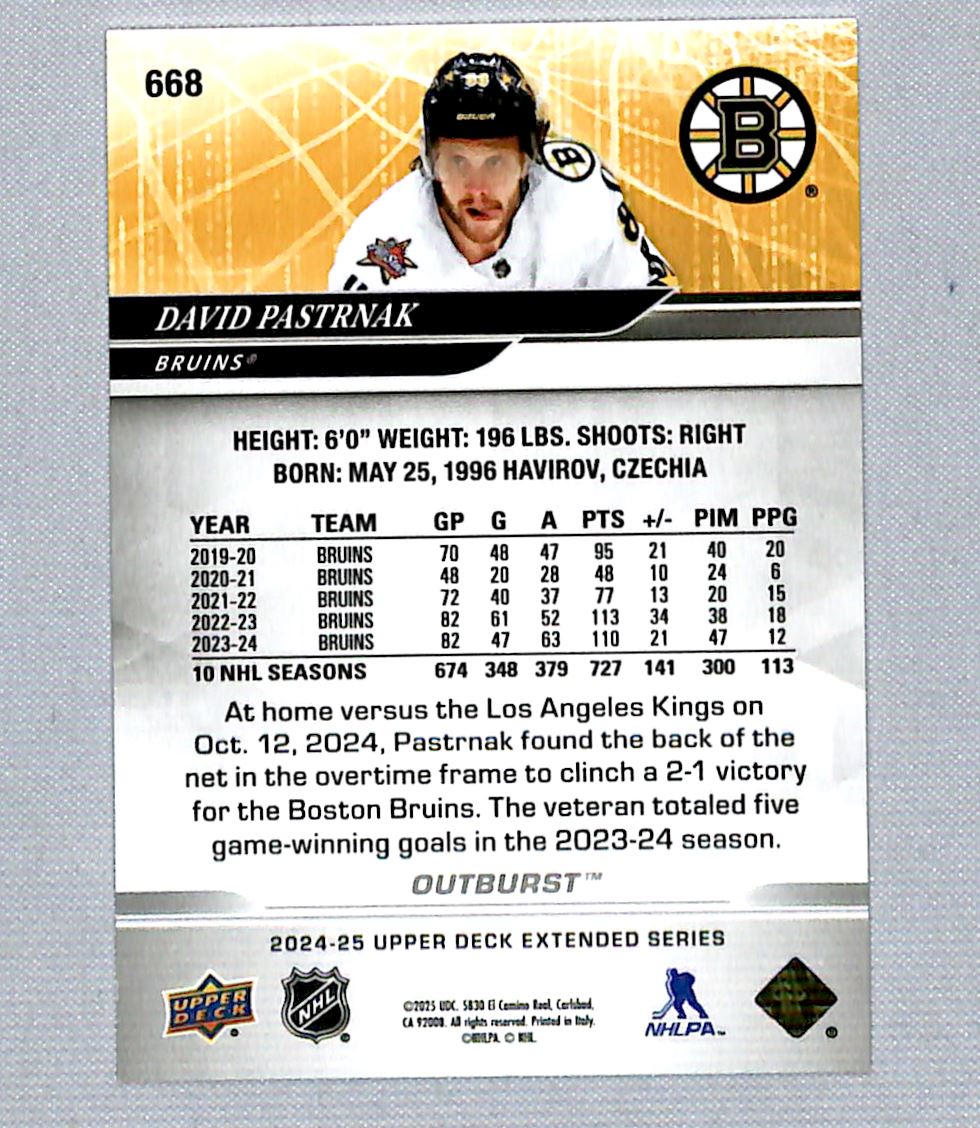 2023-24 Upper Deck Extended Outburst Red David Pastrnak #668 card back image