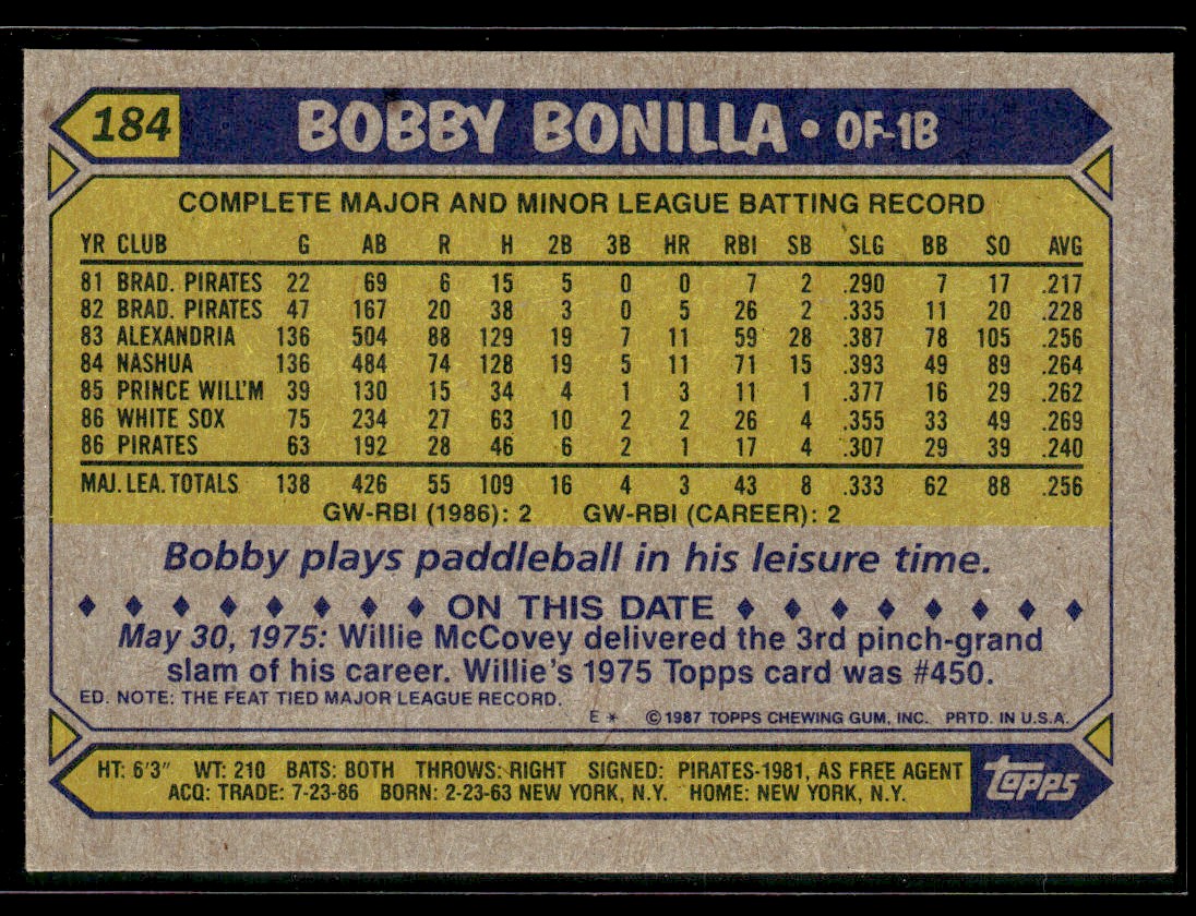 1987 Topps #184 Bobby Bonilla Rookie Pittsburgh Pirates | eBay