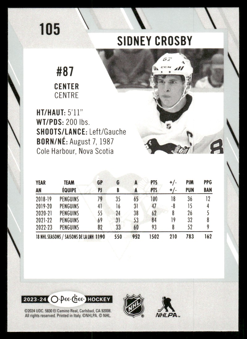 2023-24 O-Pee-Chee Sidney Crosby #105 card back image