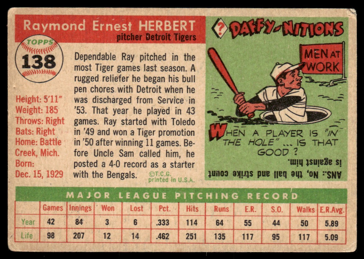 1955 Topps Ray Herbert #138 card back image