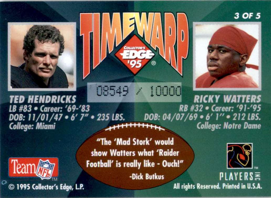 1995 Collector's Edge TimeWarp Sunday Ticket Football Cards Ted Hendricks/Ricky Watters #3 card back image