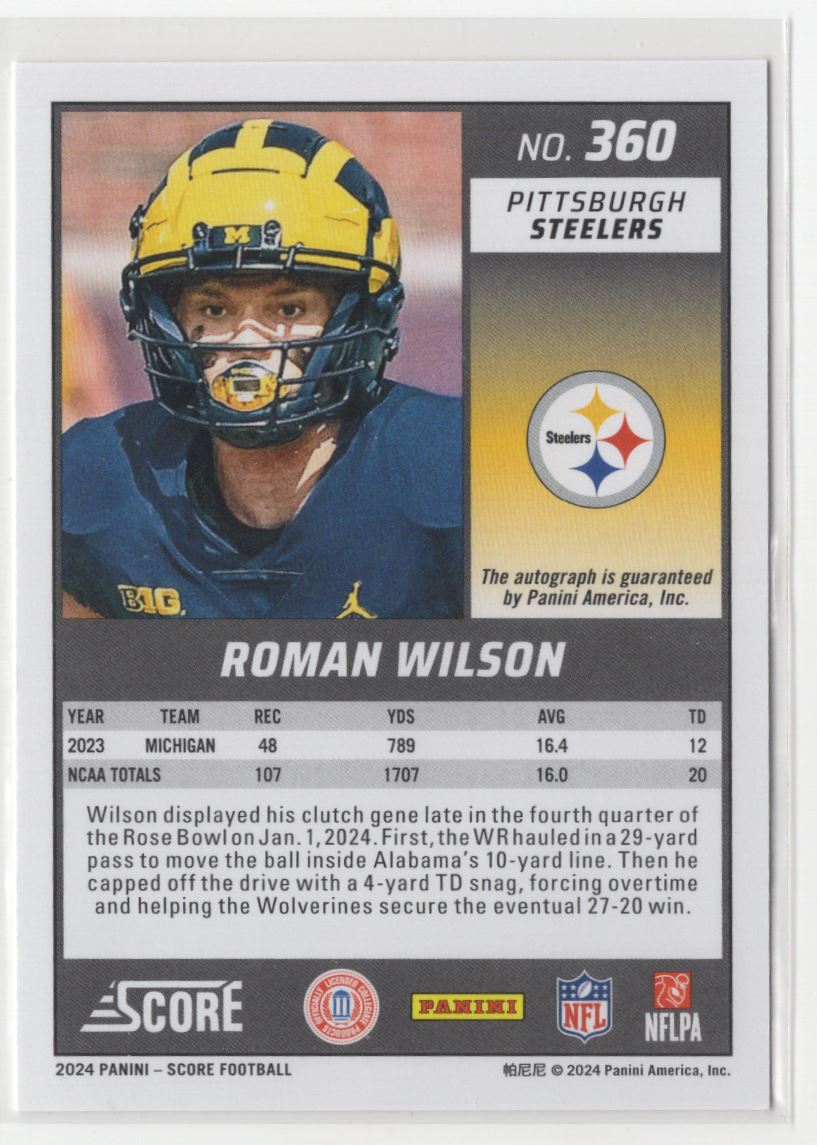 2024 Panini Score Roman Wilson Rookie Auto Pittsburgh Steelers