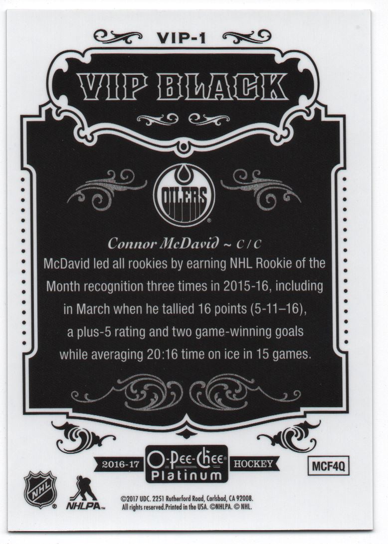 2016-17 O-Pee-Chee Platinum VIP Black Connor McDavid #VIP-1 card back image
