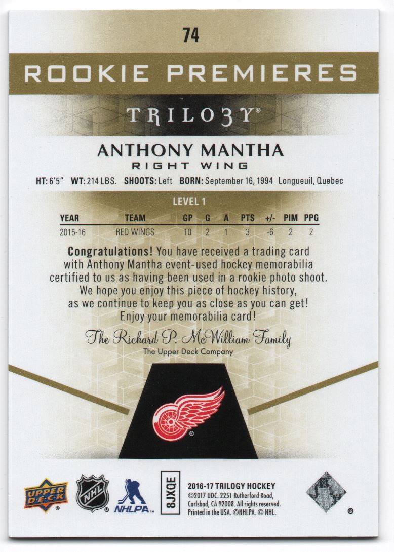 2016-17 Upper Deck Trilogy Green Relics - Rookie Premiere Level 1 Anthony Mantha #74 card back image