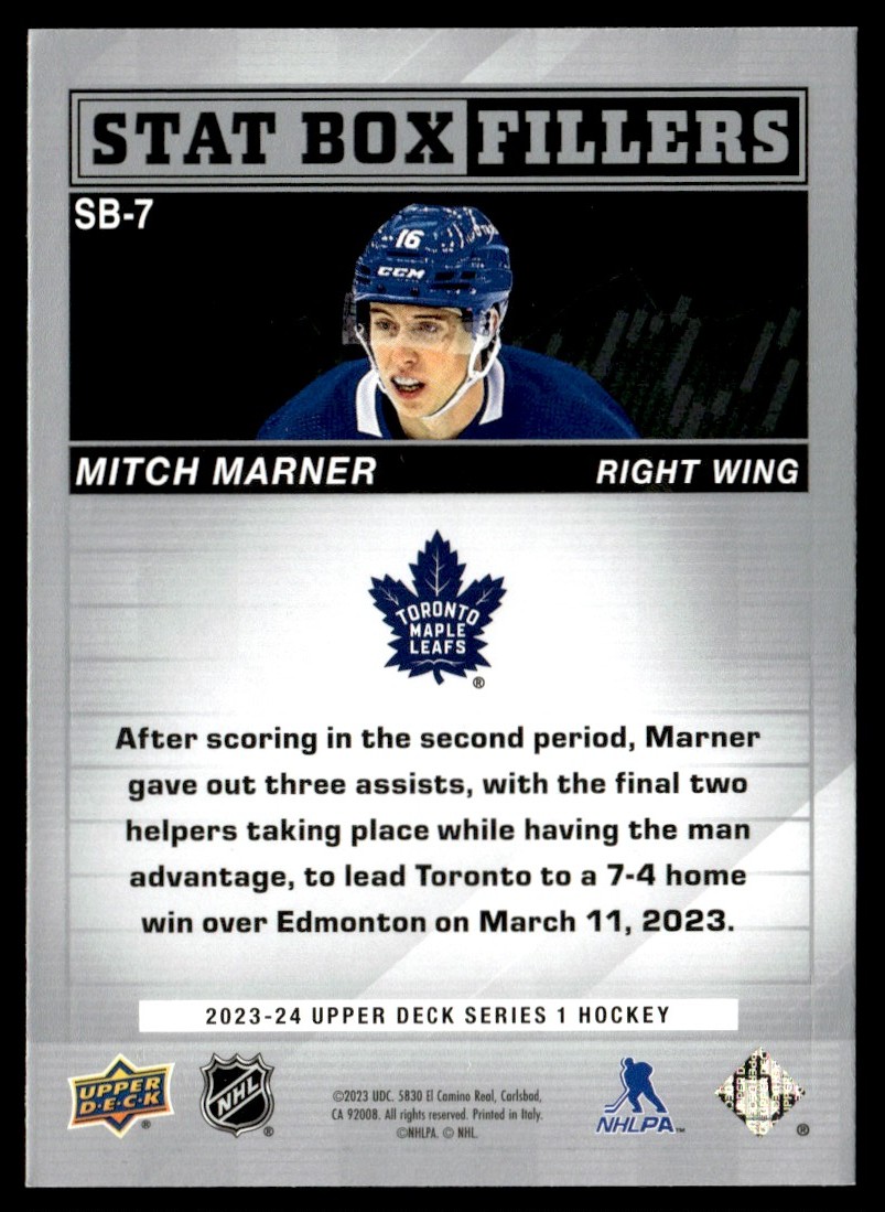2023-24 Upper Deck Stat Box Fillers Mitch Marner #SB-7 card back image