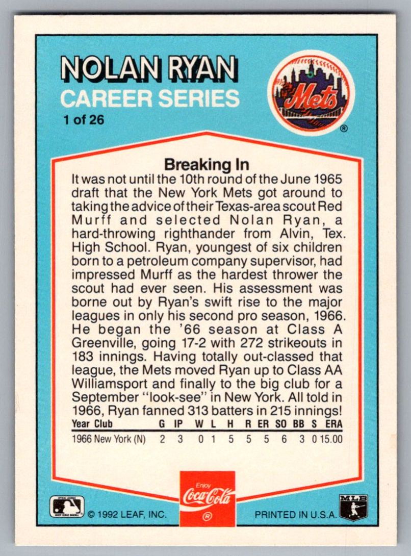 1992 Donruss Coca-Cola Nolan Ryan Nolan Ryan #1 card back image