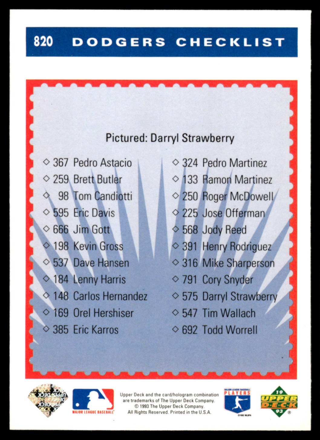 1993 Upper Deck Team Checklist Darryl Strawberry #820 card back image