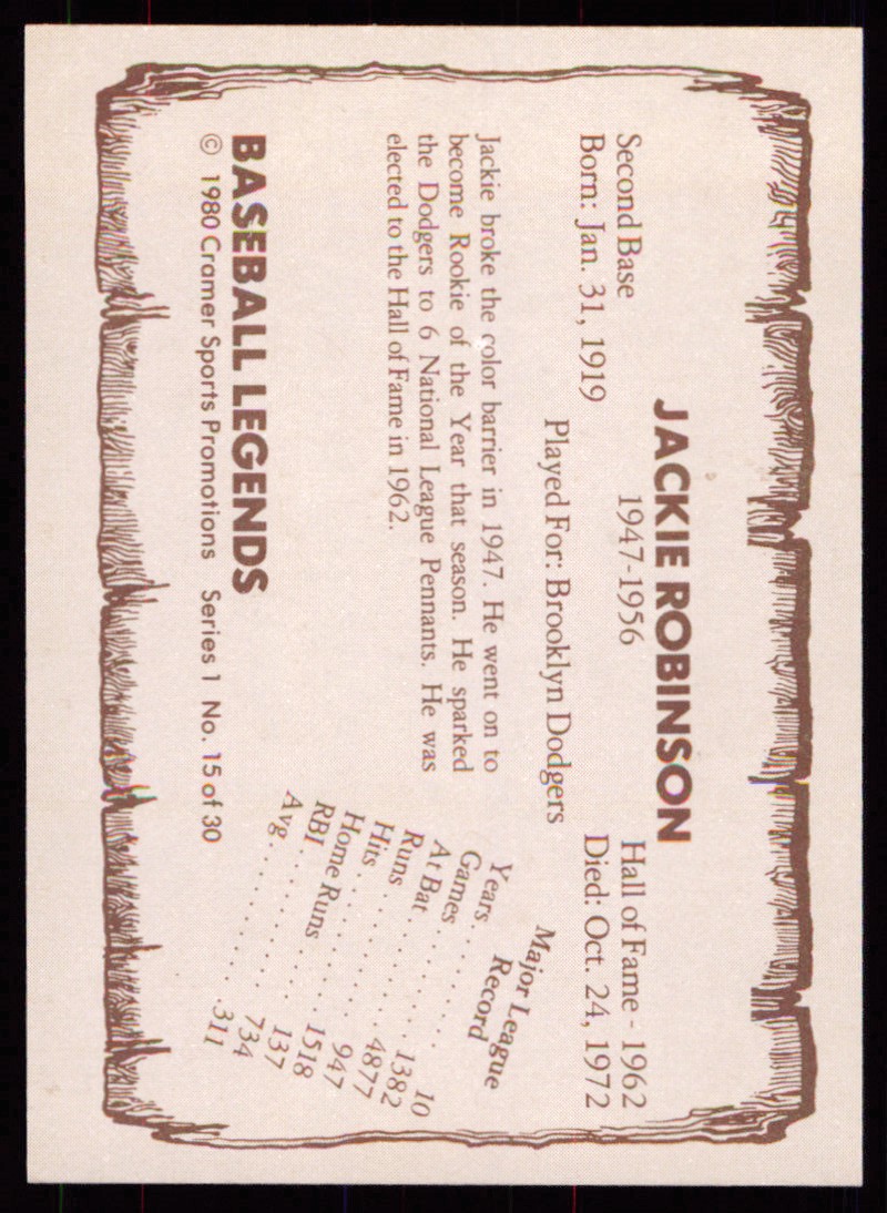 1980 Cramer Baseball Legends Series 1 Jackie Robinson Brooklyn