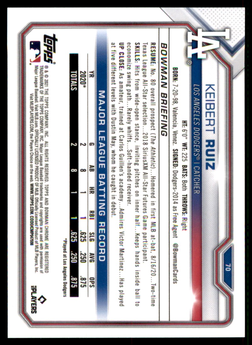 2021 Bowman Chrome Blue Refractor Keibert Ruiz #70 card back image