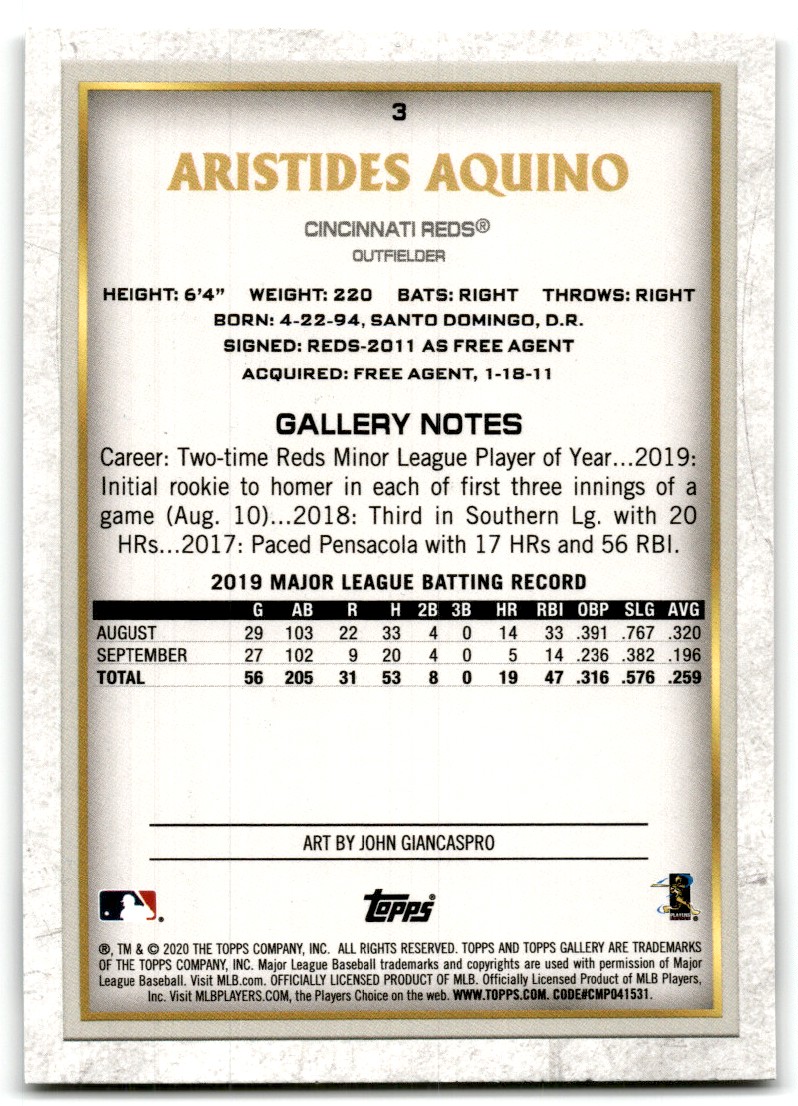 2020 Topps Gallery Aristides Aquino #3 card back image