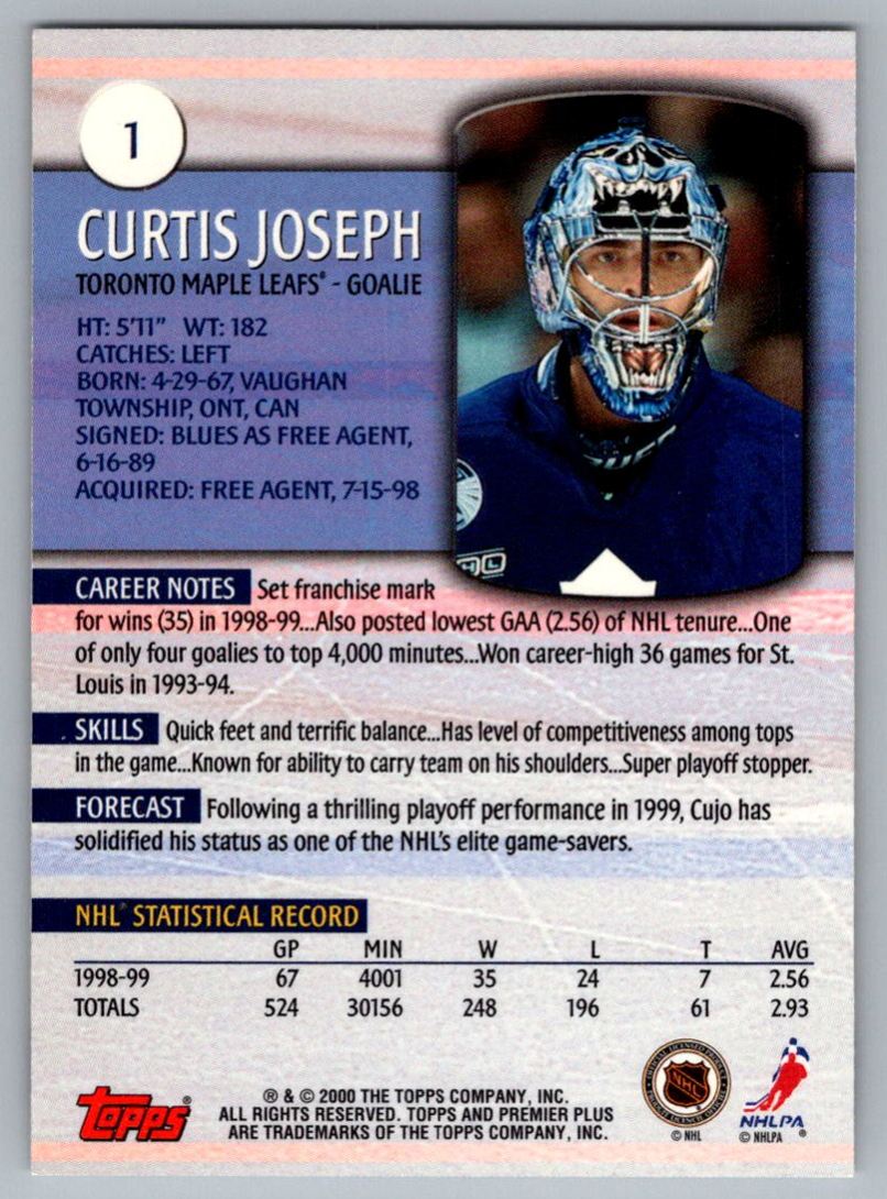 1999-00 Topps Premier Plus Curtis Joseph #1 card back image