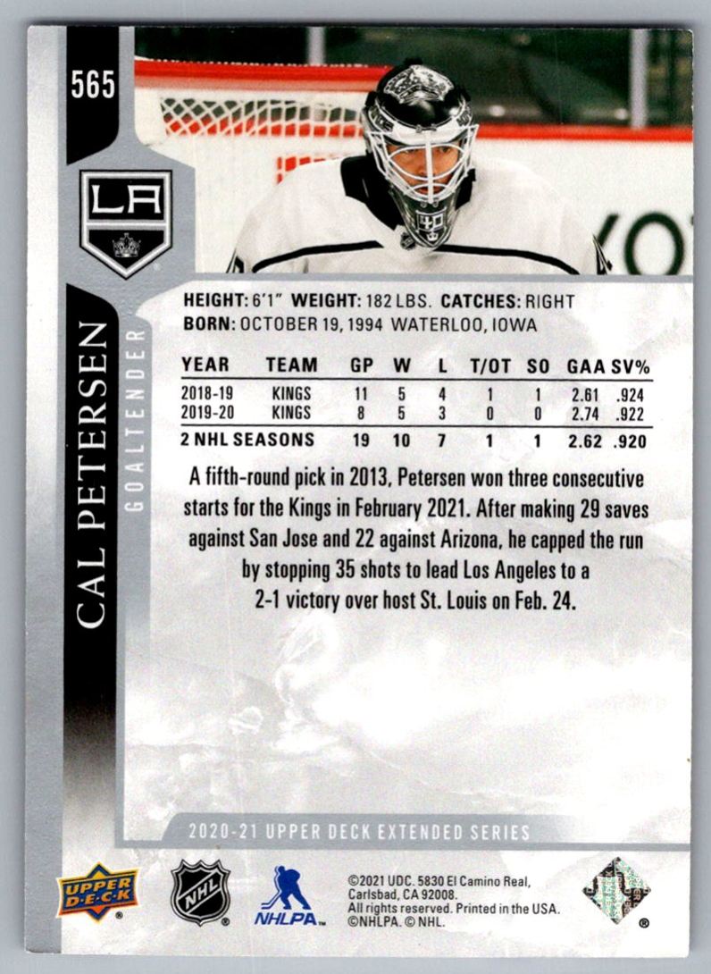 2021-22 Upper Deck The Cup Update 2020-21 Printing Plate Booklets Cal Petersen #565 card back image