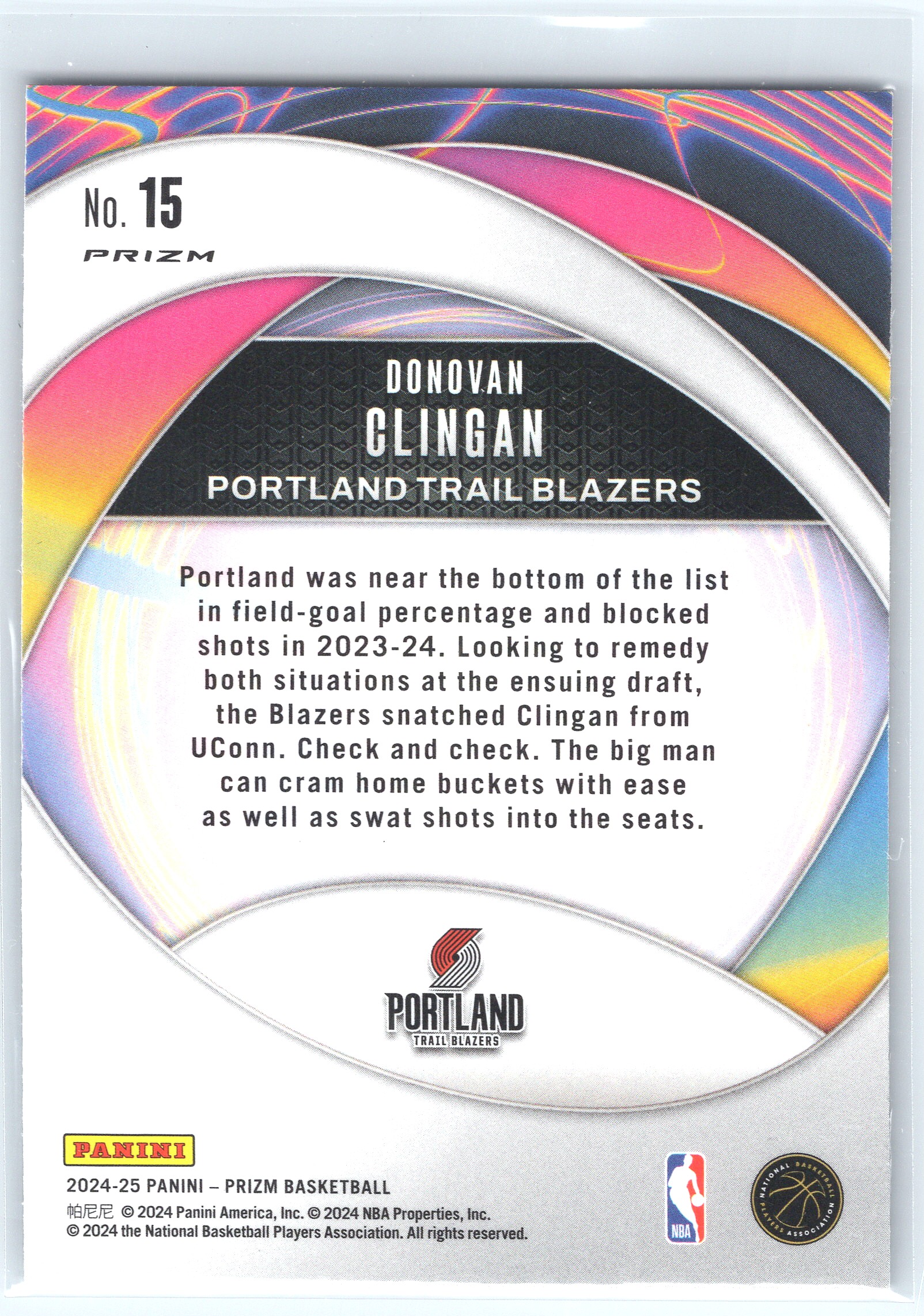 2024-25 Panini Prizm Instant Impact Donovan Clingan #15 card back image