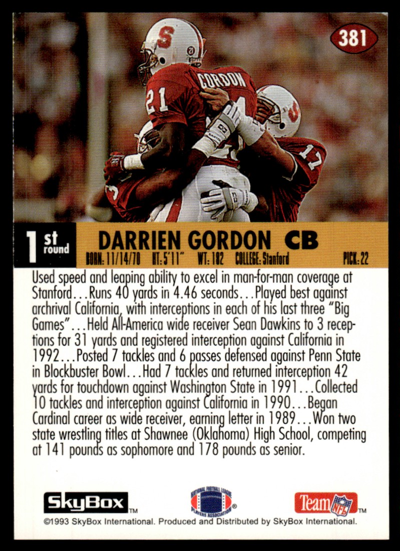 1993 SkyBox Impact Darrien Gordon #381 card back image