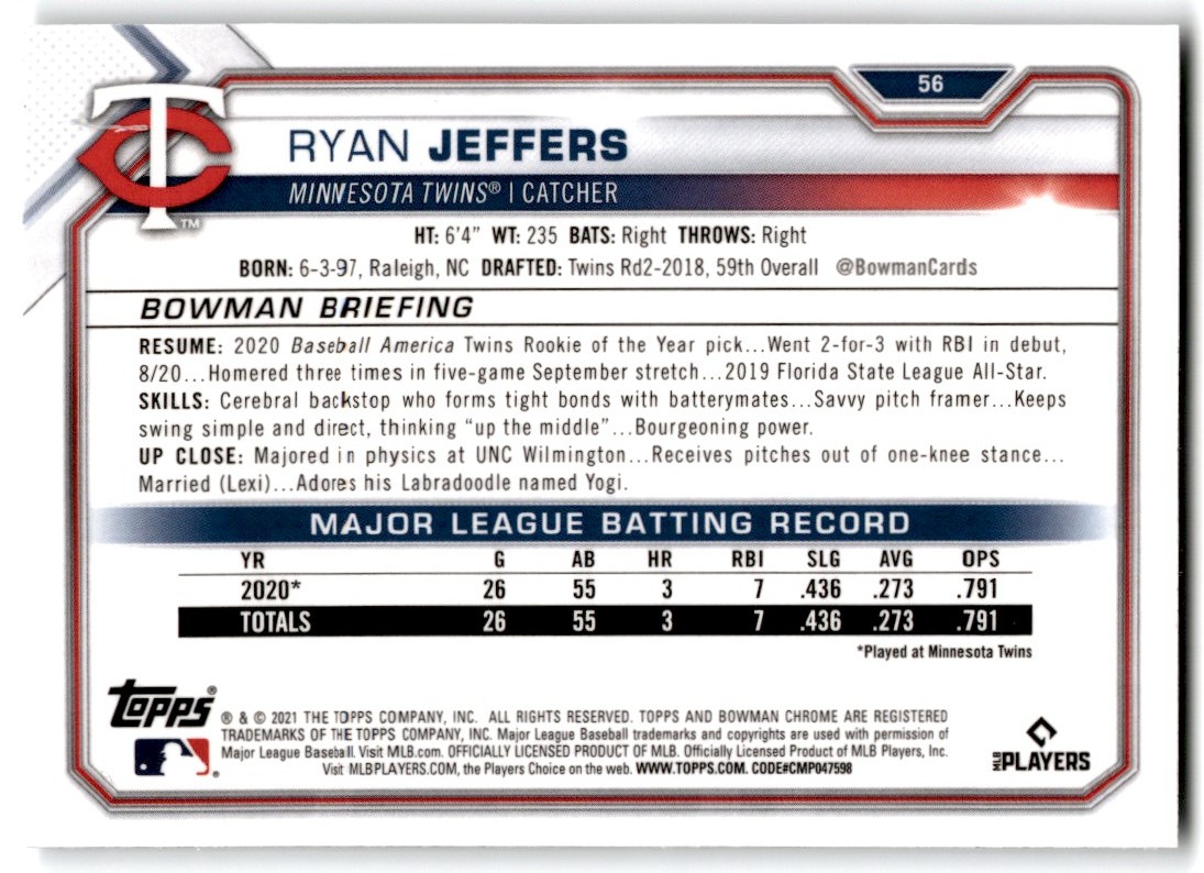 2021 Bowman Chrome Ryan Jeffers #56 card back image
