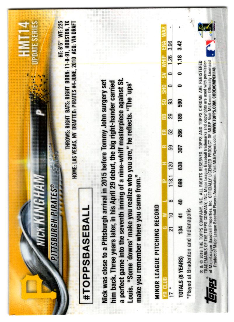 2018 Topps Chrome Update Edition Nick Kingham #HMT14 card back image