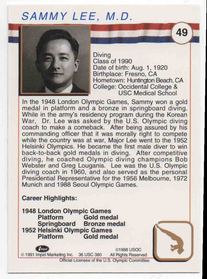 1991 Impel U.S. Olympic Hall Of Fame Sammy Lee #49 card back image