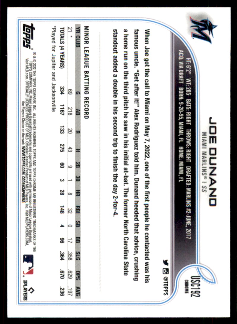 2022 Topps Chrome Update Purple Refractors Joe Dunand #USC192 card back image