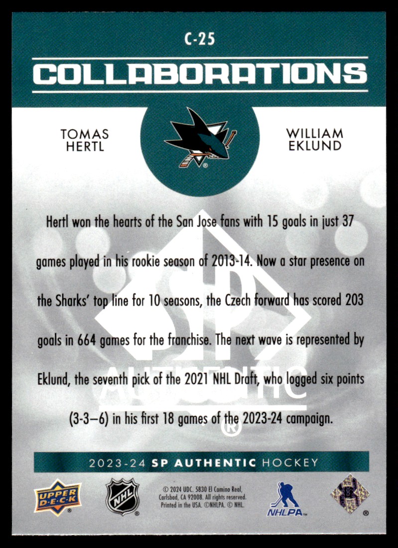 2023-24 SP Authentic Collaborations Blue Tomas Hertl / William Eklund #C-25 card back image