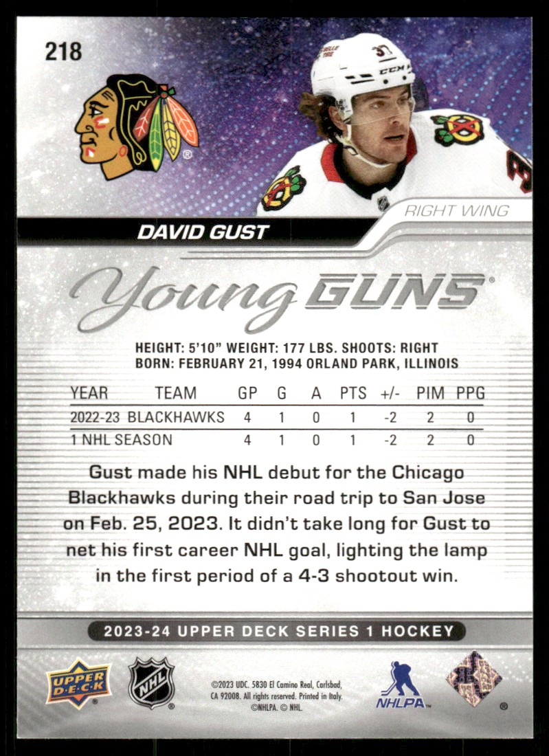 2023-24 Upper Deck YG David Gust #218 card back image