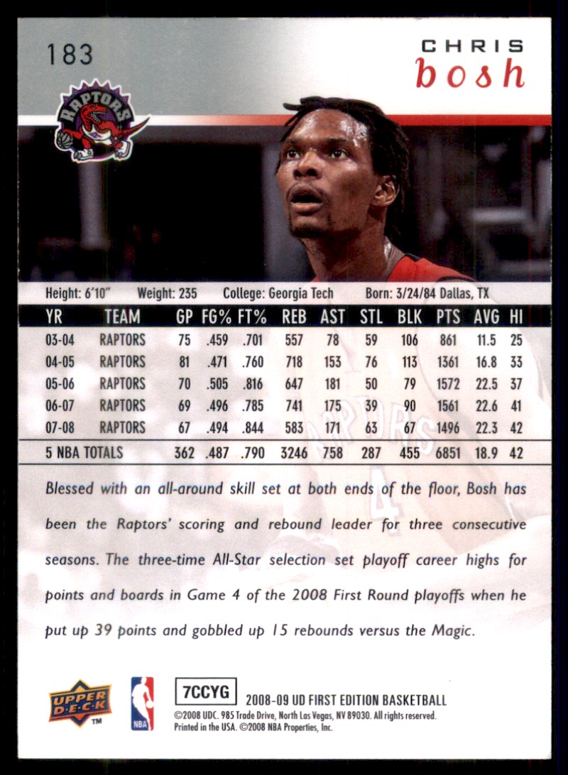 2008-09 Upper Deck First Edition Chris Bosh #183 card back image