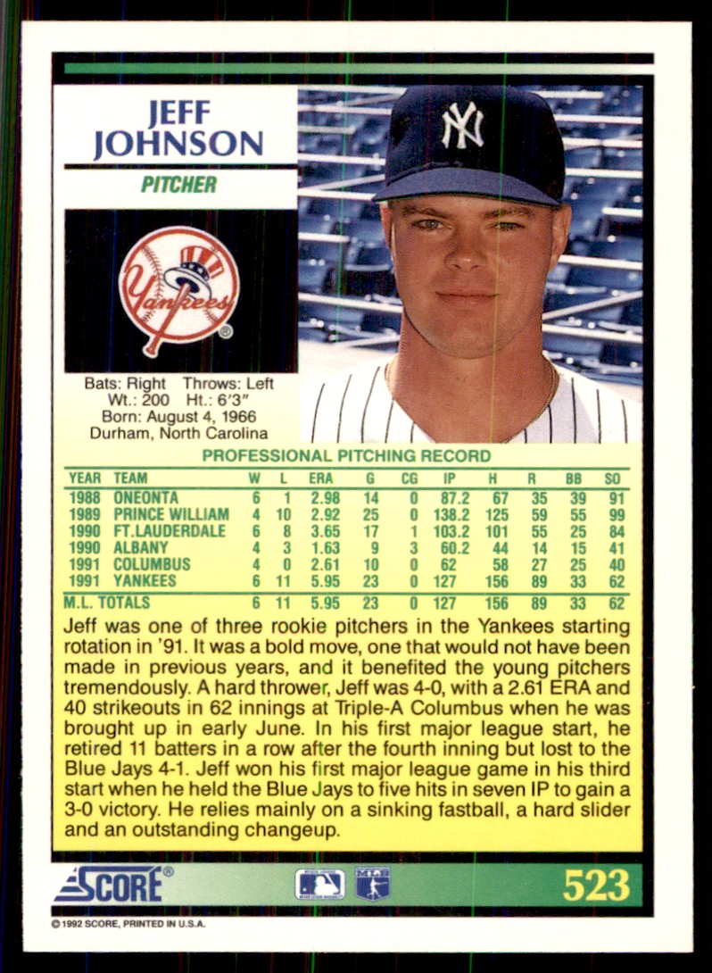 1992 Score Jeff Johnson New York Yankees #523 | eBay