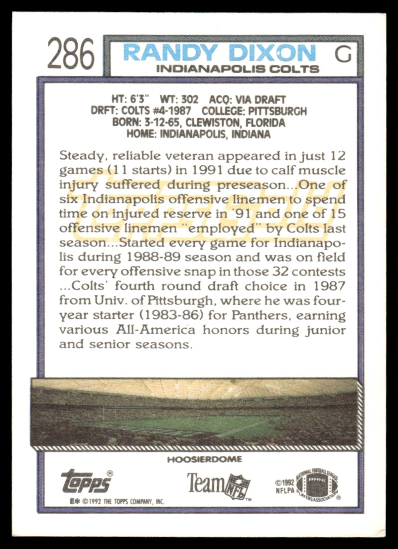 1992 Topps Gold Randy Dixon #286 card back image