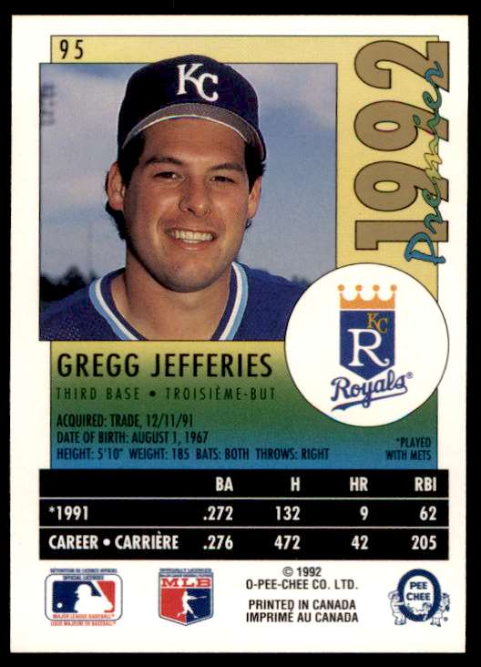 1992 O-Pee-Chee Premier Gregg Jefferies #95 card back image