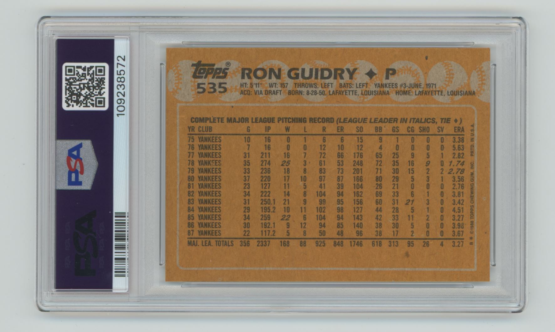 1988 Topps Ron Guidry #535 card back image