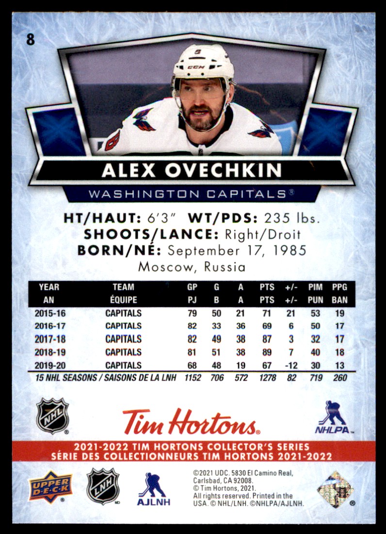2021-22 Upper Deck Tim Hortons Alex Ovechkin #8 card back image