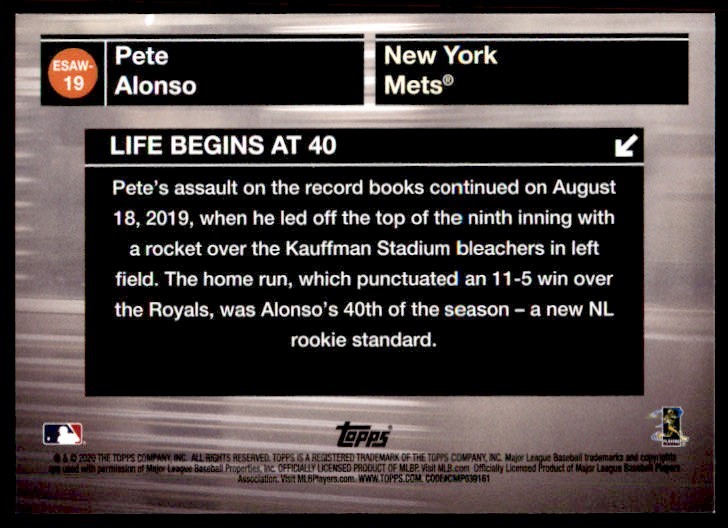 2020 Topps Empire State Awards Winners Pete Alonso #ESAW-19 card back image