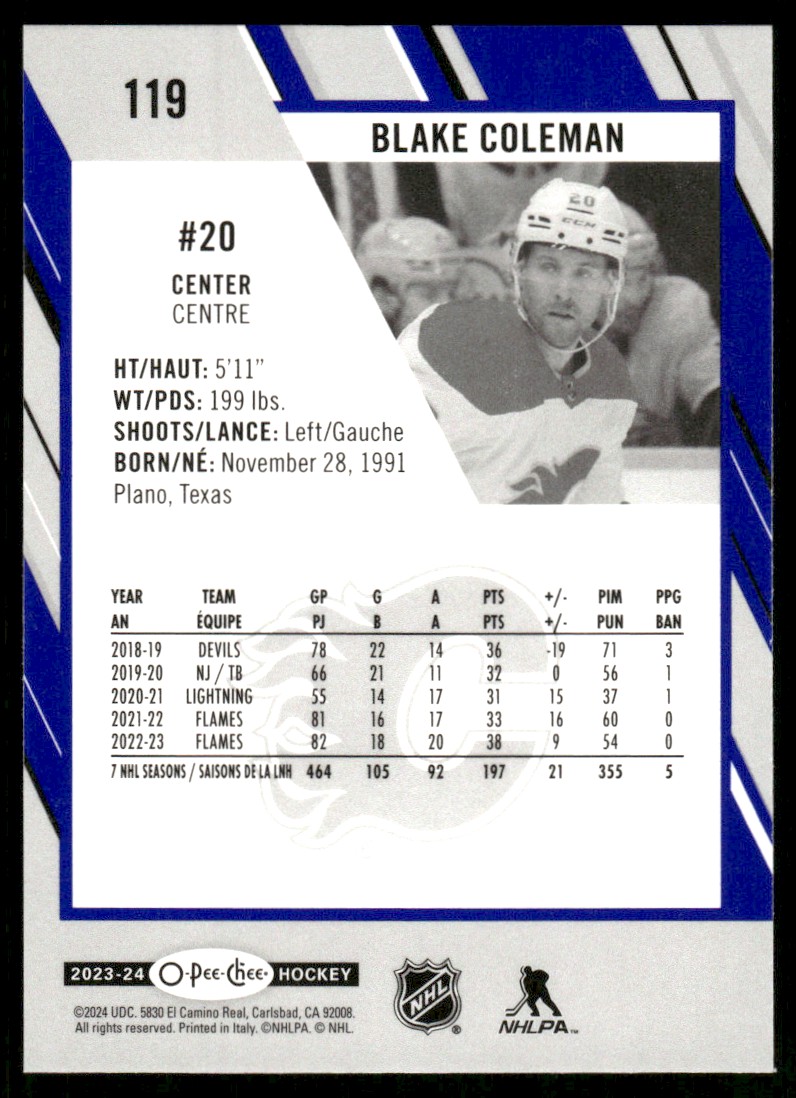 2023-24 O-Pee-Chee Blue Border Blake Coleman #119 card back image