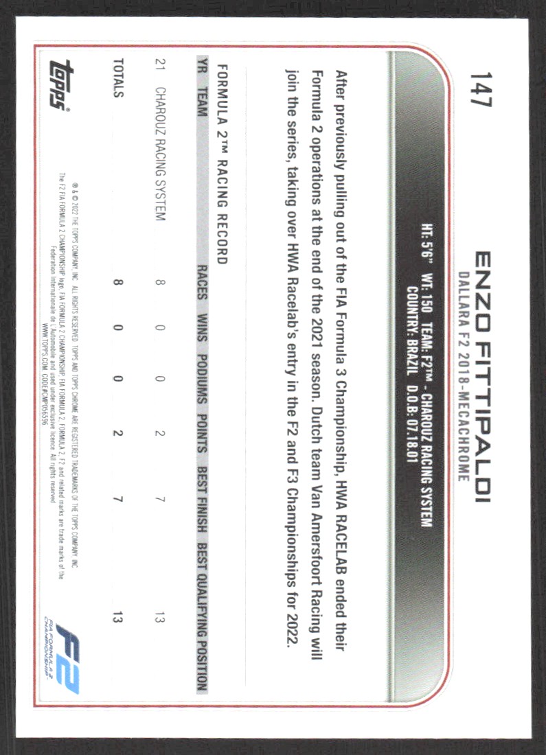 2022 Topps Chrome Formula 1 Enzo Fittipaldi #147 card back image