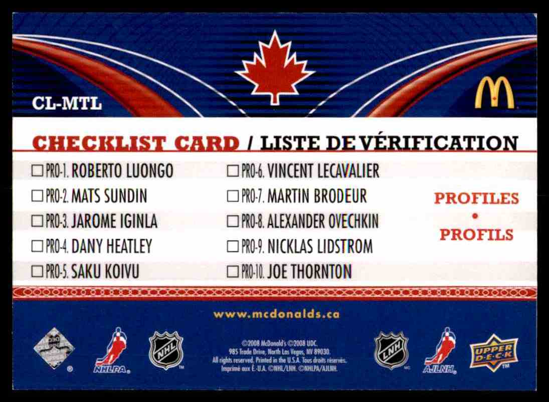 200708 Upper Deck McDonald's Checklist Carey Price CLMTL on Kronozio