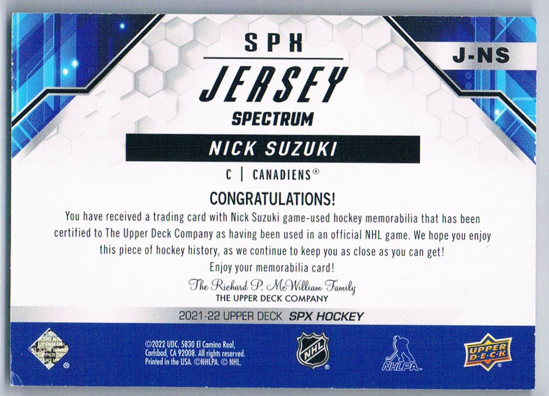 2021-22 SPX JERSEY SPECTRUM NICK SUZUKI 56/99 MONTREAL CANADIENS